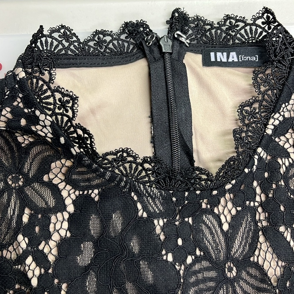 INA NWT Lace Ruffle Tulle Long SLV Hi Neck Black Cocktail Party Guest Dress SZ S - Picture 9 of 16